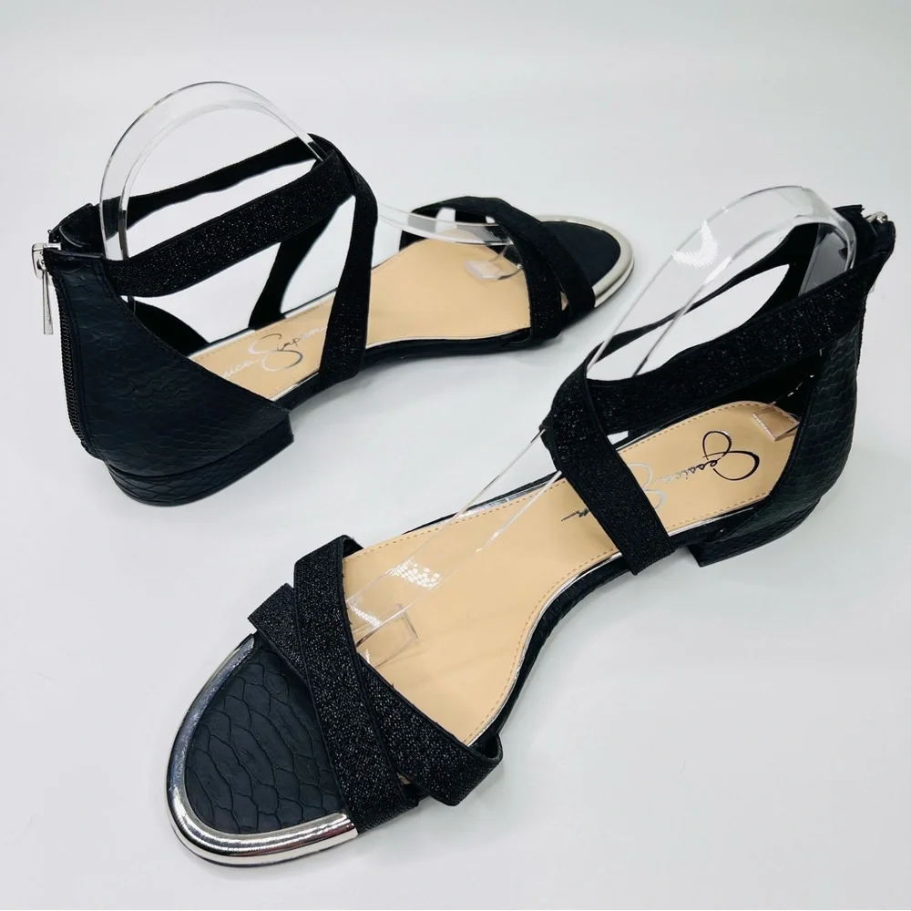 Jessica Simpson Aimlee Black /Silver Ankle Strap Block Low Heel Dressy Sandal